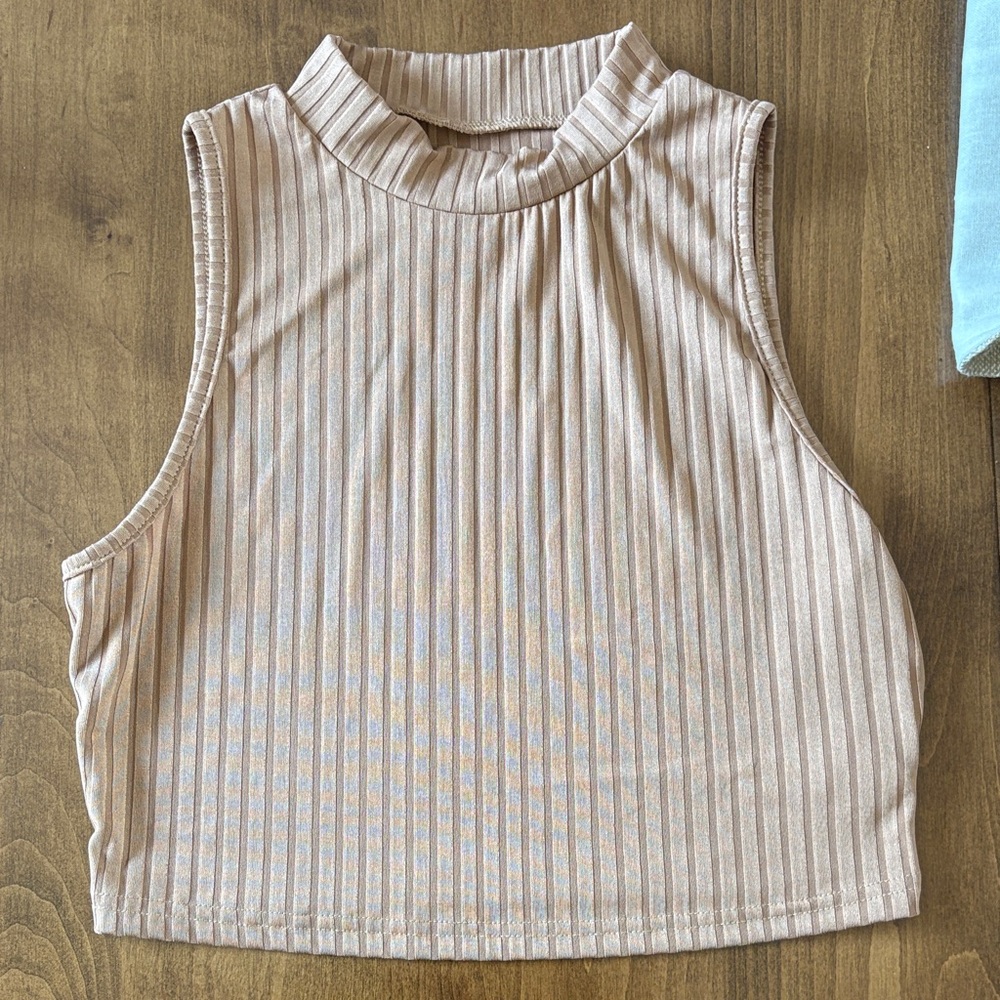 SHEIN Ribbed Mock Neck Tank Top in Beige